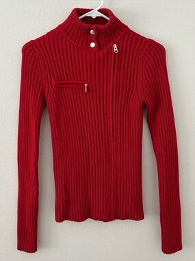 Vintage Moda International Ribbed Red Asymmetric Full Zip Sweater Size M Y2K 90s